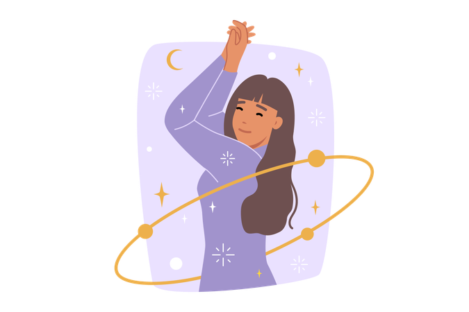 Woman astrologer dances among cosmic stars and orbits  Illustration