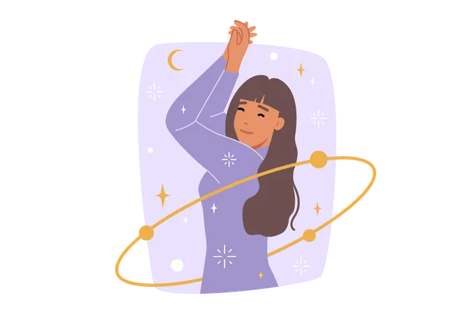 Woman astrologer dances among cosmic stars and orbits  Illustration