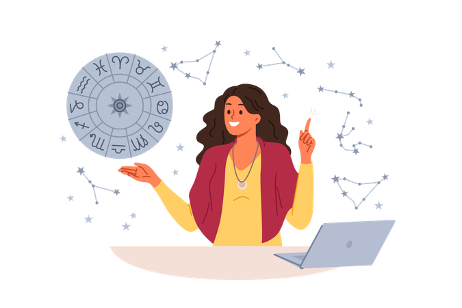Woman astrologer tells fortunes by horoscope and predicts future by stars standing near laptop  Illustration