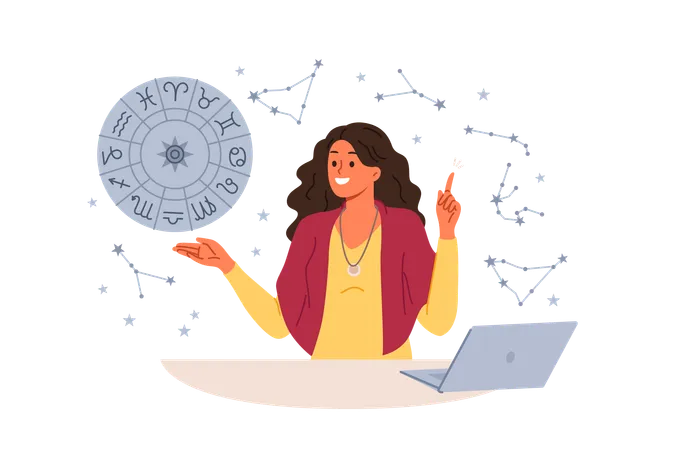 Woman Astrologer Tells Fortunes By Horoscope And Predicts Future By Stars Standing Near Table With Laptop Girl Astrologer Points Up Offering To Read Gorsk Standing Near Wheel With Zodiac Signs Illustration