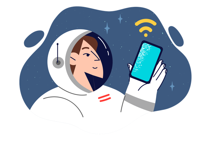 Woman astronaut holds smartphone while in space orbit  Illustration