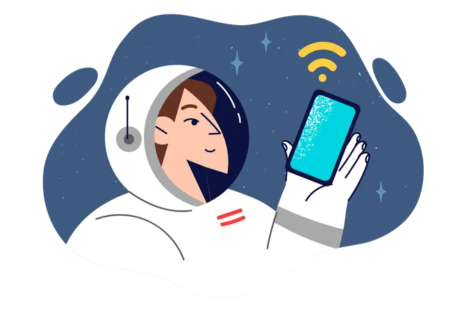 Woman astronaut holds smartphone while in space orbit  Illustration