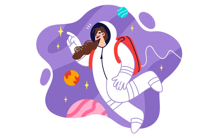 Woman Astronaut In Spacesuit Flies In Zero Gravity Studying Planets And Stars Of Universe Or Galaxy Girl Astronaut Or Cosmonaut Participants In Research Mission And Looks For Traces Of Ufo In Space Illustration