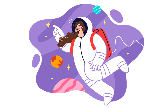 Woman astronaut in spacesuit flies in zero gravity  Illustration