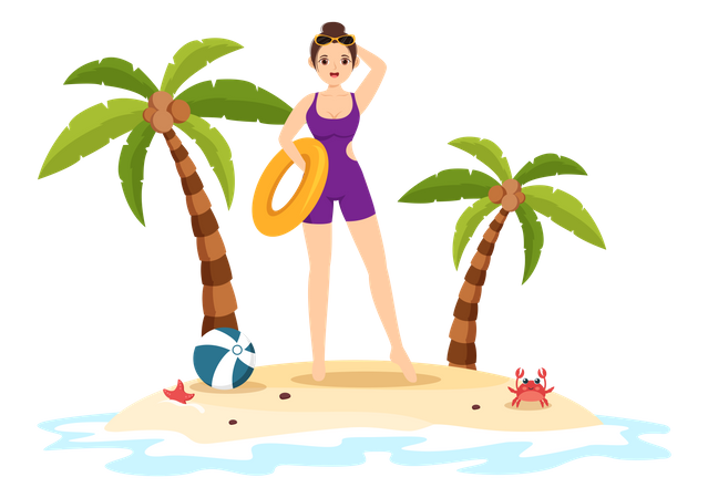 Woman at beach in swimsuit Illustration