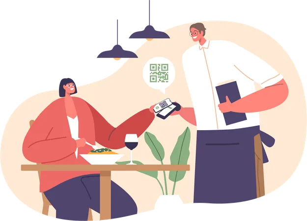 Woman At The Cafe Effortlessly Pays Her Bill Using A Qr Code On Her Phone Female Character Embracing The Convenience Of Digital Transactions In A Modern World Cartoon People Vector Illustration Illustration