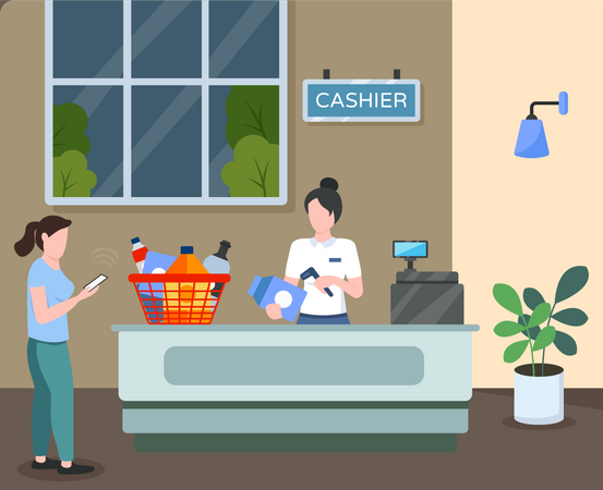 Woman at cashier counter  Illustration