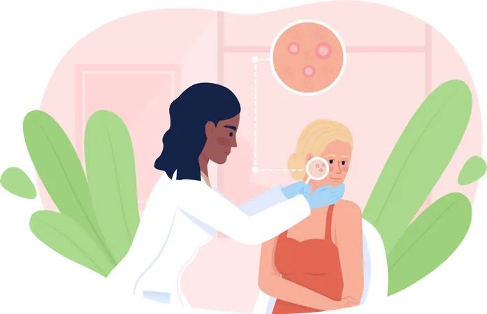 Woman At Dermatologist Appointment 2 D Vector Isolated Illustration Doctor And Patient Flat Characters On Cartoon Background Cosmetology Colourful Scene For Mobile Website Presentation Illustration