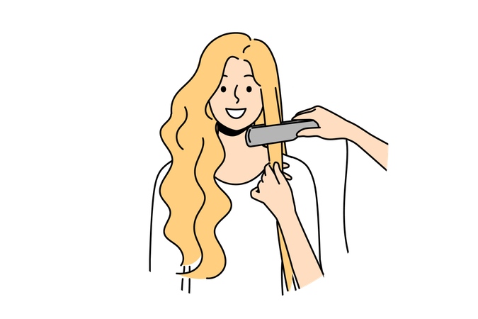 Woman at hairdresser appointment using hair straightener to straighten curls before party  Illustration