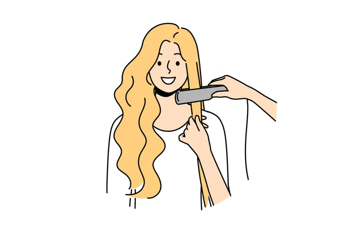 Woman At Hairdresser Appointment Using Hair Straightener To Straighten Curls Before Party Or Date Happy Blonde Girl Visits Hairdresser Or Stylist Who Helps Change Image And Become More Beautiful Illustration