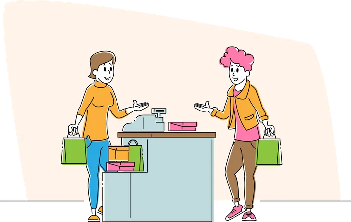 Shopping Sale Consumerism Female Customer Character With Goods In Paper Bag Stand In Supermarket Or Boutique At Cashier Desk With Seller Paying For Purchase Cartoon Flat Vector Illustration Line Art Illustration