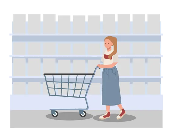 Woman at store with shopping cart  Illustration