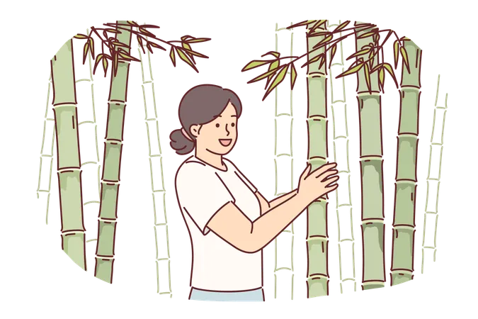 Woman At Sugar Cane Plantation Cultivates Tropical Plants To Make Sweet Syrup Farmer Girl Stands Among Sugar Cane Making Career In Agricultural Industry And Enjoying Working With Plants Illustration