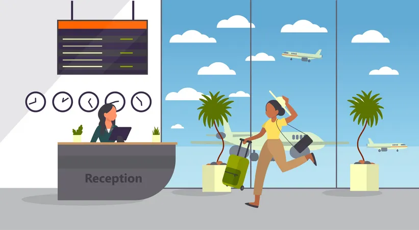 Woman at the airport running with luggage  Illustration