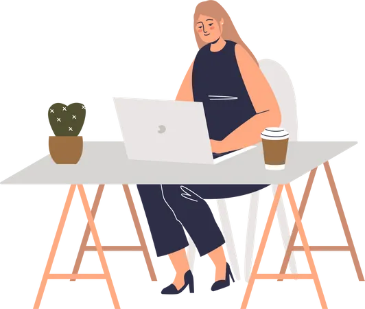 Young Businesswoman Working On Laptop Computer Sitting At Desk Office Workplace Concept Cartoon Business Woman Or Freelancer Busy Typing Flat Vector Illustration Illustration