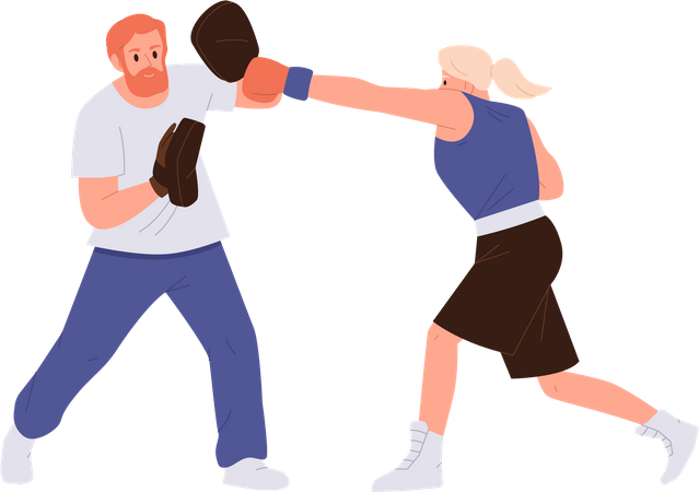 Woman athlete character in sportswear and gloves boxing with trainer wearing punching paws  Illustration
