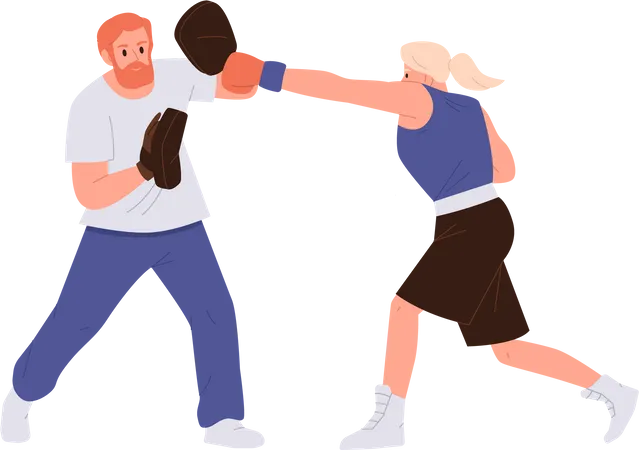 Woman Athlete Character In Sportswear And Gloves Boxing With Trainer Wearing Punching Paws Vector Illustration Isolated On White Background Cartoon People Having Sport Combat Sparring Training Illustration