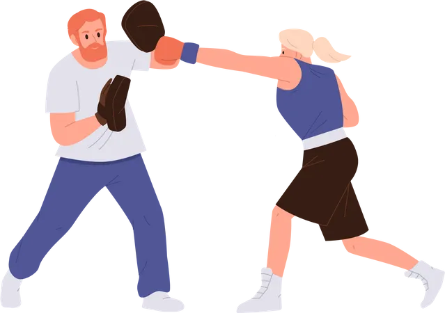 Woman athlete character in sportswear and gloves boxing with trainer wearing punching paws  Illustration