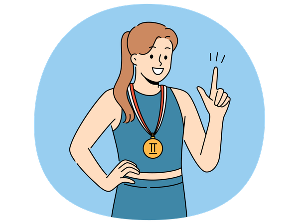 Woman athlete with sports medal for second place in gymnastics competition points up and smile  Illustration