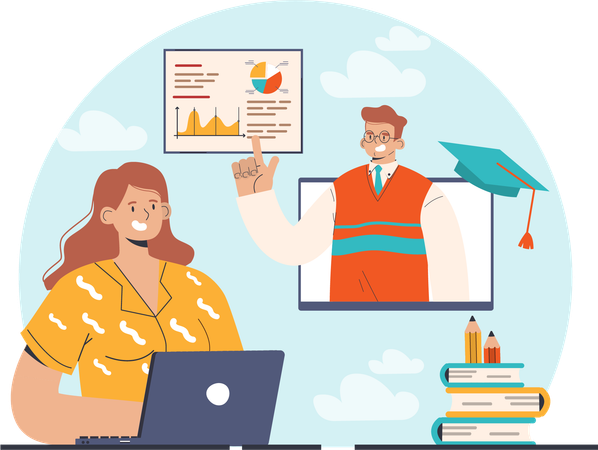 Woman attends online classes  イラスト