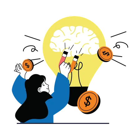 Woman attracting financial thoughts to brain  Illustration