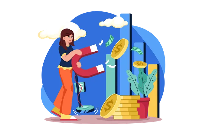 Woman Attracts Money Magnetically Illustration Concept On White Background Illustration