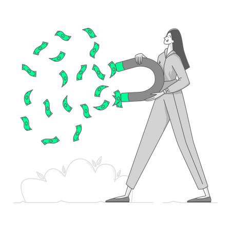 Woman attracts money magnetically  Illustration