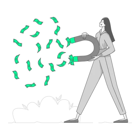 Woman attracts money magnetically  Illustration