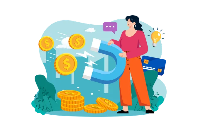 Woman attracts money magnetically  Illustration