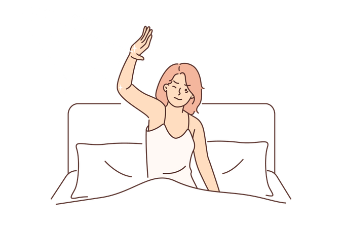Woman awakes from bed in morning  イラスト
