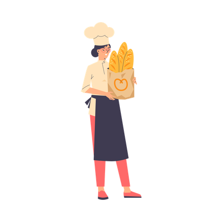 Woman baker holding paper bag with baguettes  Illustration