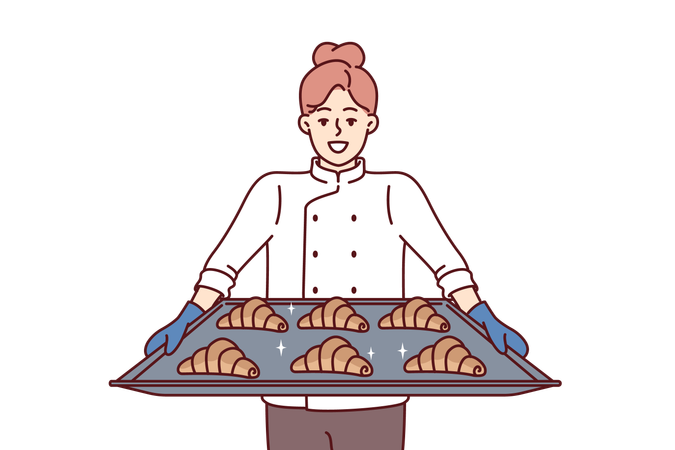 Woman baker holds tray of croissants  イラスト