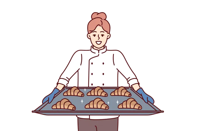 Woman Baker Holds Tray Of Croissants Preparing Fresh Pastries For Sale In Own Bakery Girl Cook And Owner Of Bakery With Smile Demonstrates Delicious Sweet Buns For Breakfast Or Lunch Illustration