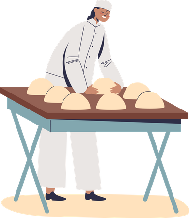 Woman baker kneading and rolling dough for baking bread  Illustration