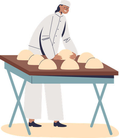 Woman baker kneading and rolling dough for baking bread  Illustration