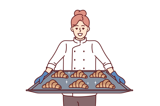 Woman bakes tray of croissants  Illustration