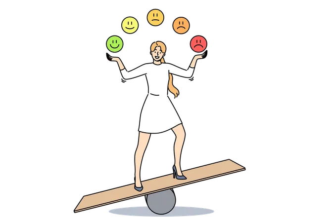 Woman Balances And Demonstrates Power Of Self Cantation To Achieve Emotional Health By Throwing Up Different Emojis Girl Standing On Swing Demonstrates Importance Of Self Control For Successful Life Illustration