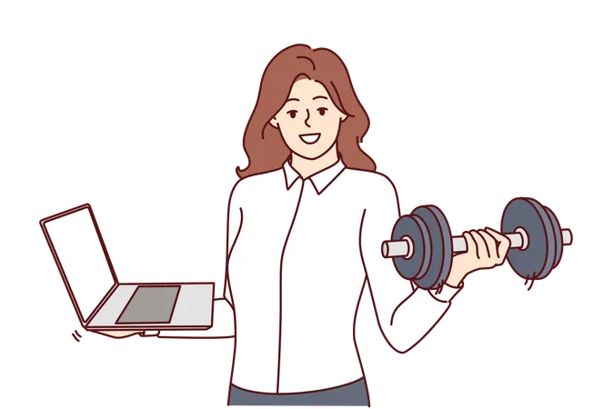 Busy Woman With Laptop And Dumbbells Multitasking And Doing Fitness To Support Figure Businesswoman Recommends To Lead Healthy Lifestyle Or Deal With Business Issues In Multitasking Mode Illustration