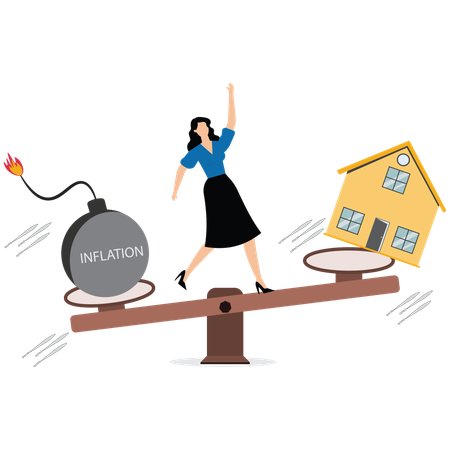 Woman balancing home and debt inflation  Illustration