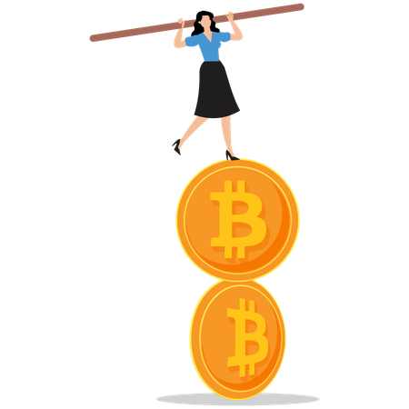 Woman balancing on bitcoin  Illustration