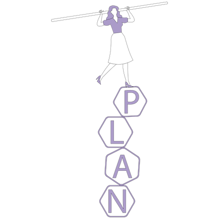 Woman balancing on cubes with plan inscription  Illustration