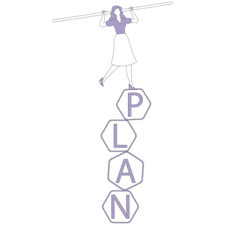 Woman balancing on cubes with plan inscription  Illustration