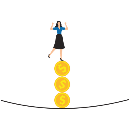 Woman balancing on falling stack of coins  Illustration