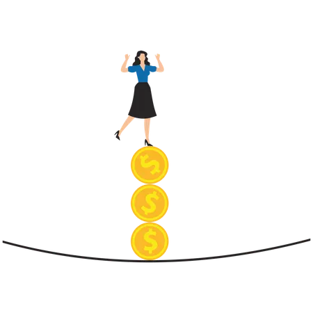 Woman balancing on falling stack of coins  Illustration