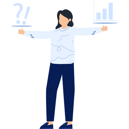 Woman Balancing Question Mark and Bar Chart  Illustration