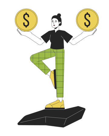 Woman balancing with coins on hands  Illustration