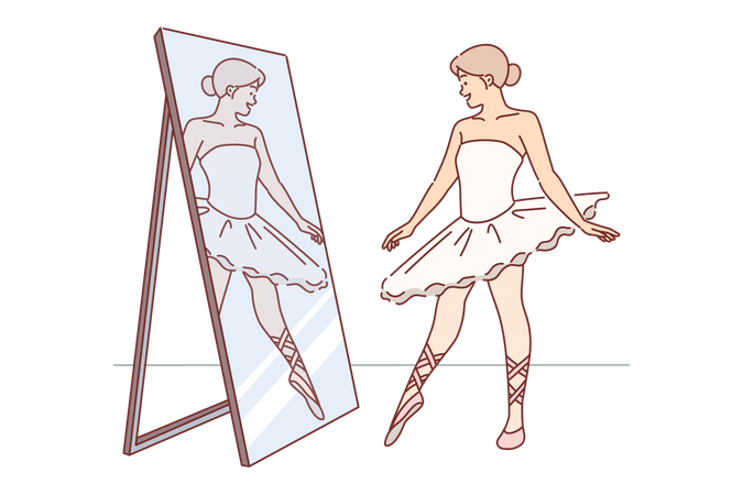 Woman ballerina looks in mirror with smile practicing to pull toe before performing on stage  イラスト