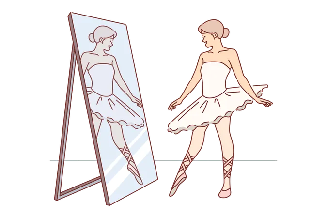Woman Ballerina Looks In Mirror With Smile Practicing To Pull Toe Before Performing On Stage Of Ballet Theater Girl Ballerina In Beautiful Dress And Tutus Smiles Enjoying Work In Dance Industry Illustration