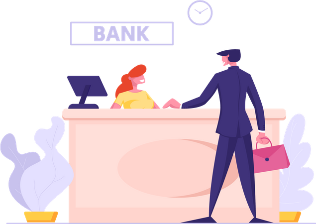 Woman Bank Operator Sitting at Desk and Business Man Client Communication Illustration