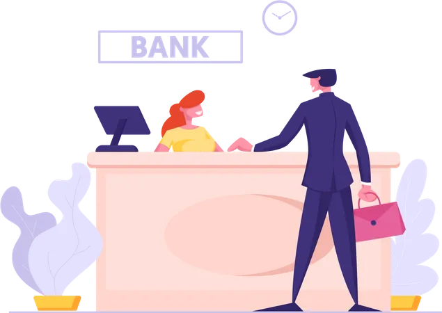 Woman Bank Operator Character Sitting At Desk With Computer And Business Man Client Communication Bank Customer Service Account Management And Financial Affairs Cartoon Flat Vector Illustration 일러스트레이션